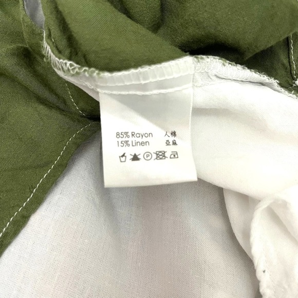 BESS Womens Top XL White Green Linen Blend 3/4 Sleeve Boxy Fit Button Down - Picture 9 of 11